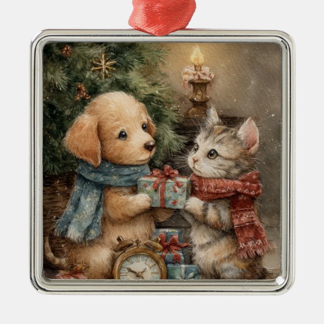 Christmas Puppy and Kitten Gift Metal Tree Decoration (Front)
