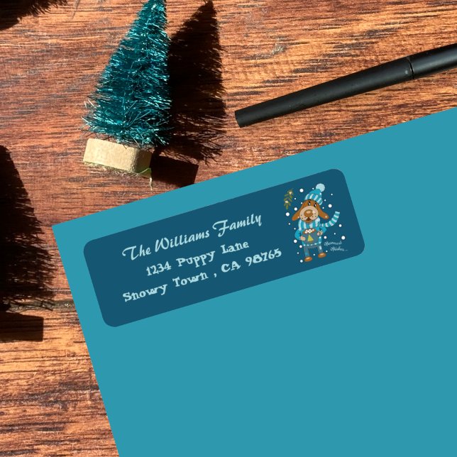 Christmas Puppy Blue return Address Labels (Cute dog drinking hot cocoa Holiday blue return address labels .)