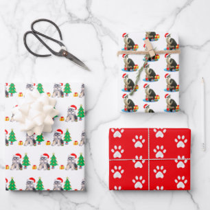 Christmas puppy dog, carol cat & paws on red wrapping paper sheet