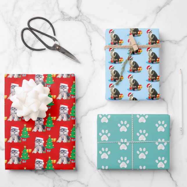 Christmas puppy dog, carol cat & paws wrapping paper sheet (Front)