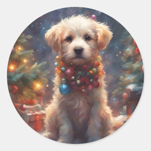 Christmas Puppy Dog Classic Round Sticker (Front)