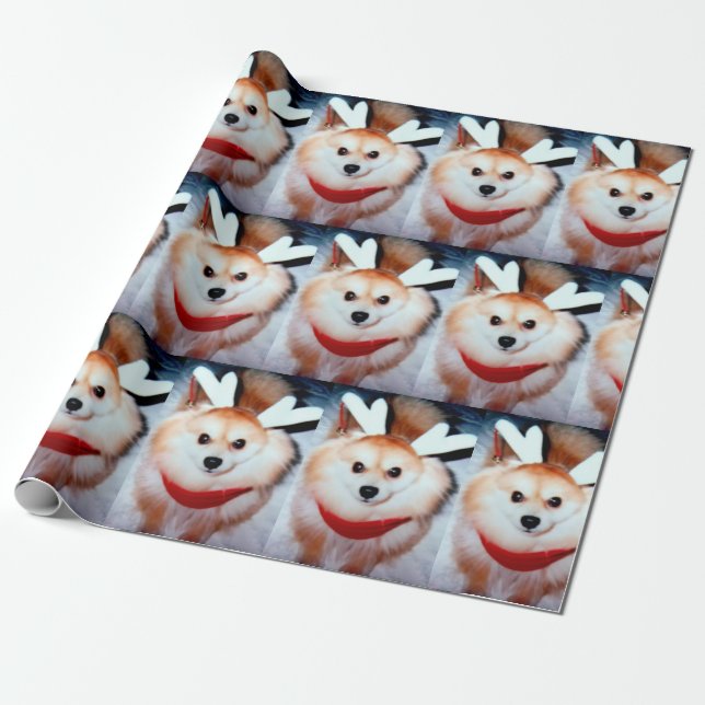 Christmas Puppy Dog Pomeranian Custom Photo Wrapping Paper (Unrolled)