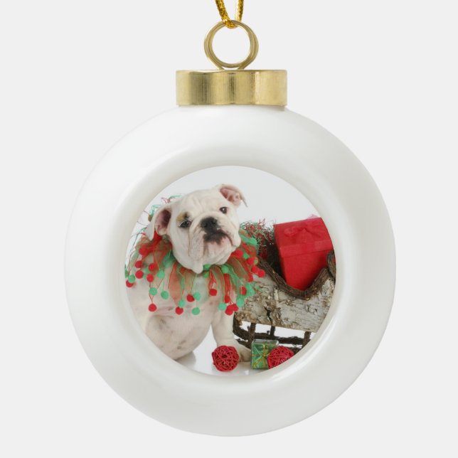 Christmas Puppy - English Bulldog Puppy Sitting Ceramic Ball Christmas Ornament (Front)
