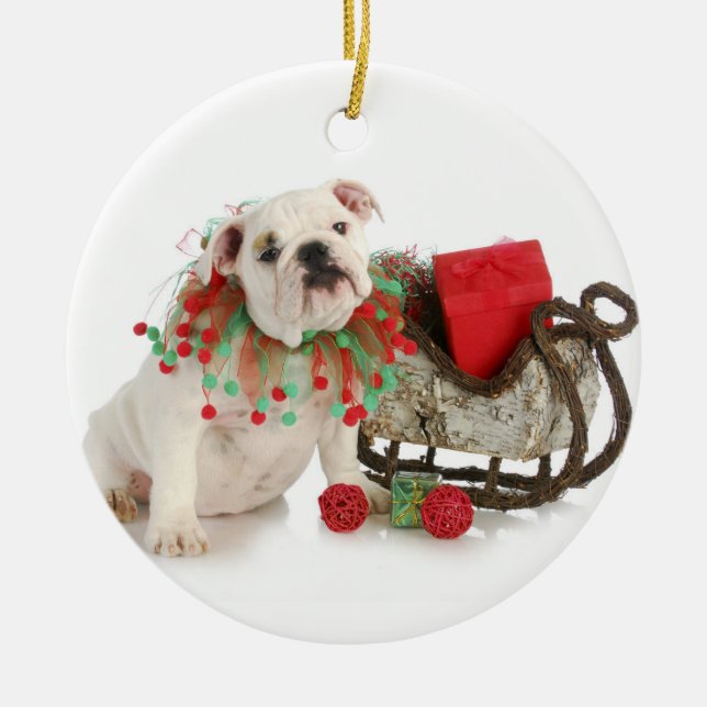 Christmas Puppy - English Bulldog Puppy Sitting Metal Tree Decoration (Front)