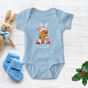 Christmas Puppy Gingerbread Name Letter F Boy Baby Bodysuit