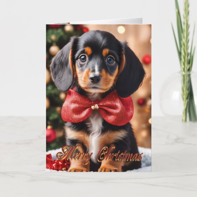 Christmas puppy in a basket holiday card Doxie (Front)