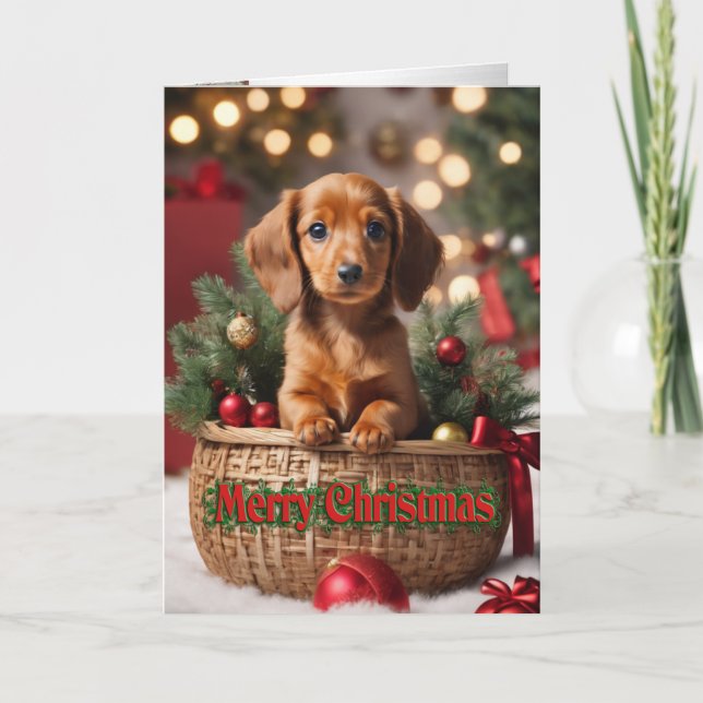 Christmas puppy in a basket holiday card Doxie (Front)