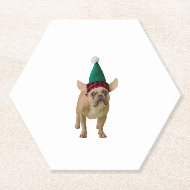 Christmas puppy in elf hat.White background.   Paper Coaster (Front)