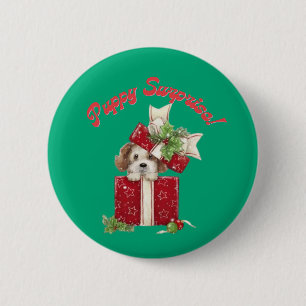 Christmas Puppy in Gift Box Holiday Surprise 6 Cm Round Badge