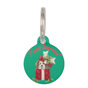 Christmas Puppy in Gift Box Holiday Surprise Pet Tag