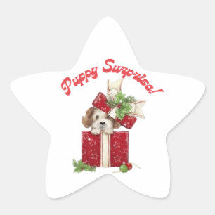 Christmas Puppy in Gift Box Holiday Surprise Star Sticker