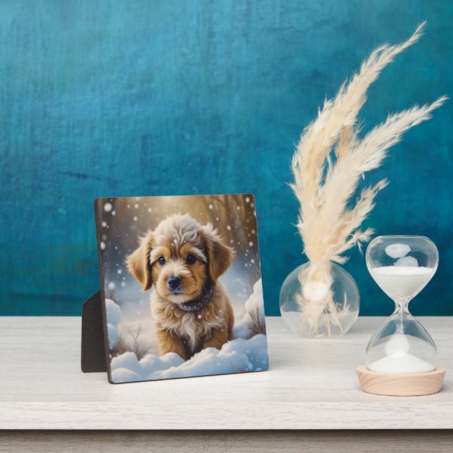 Christmas Puppy in the Snow on a Winter Day Plaque (Insitu)