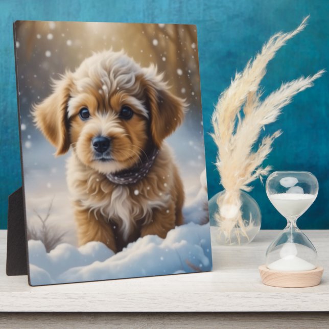 Christmas Puppy in the Snow on a Winter Day Plaque (Side)