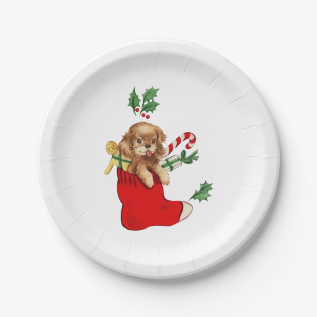 Christmas Puppy Retro Paper Plate (Front)