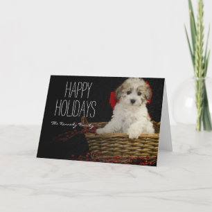 Christmas puppy sitting in basket holiday card