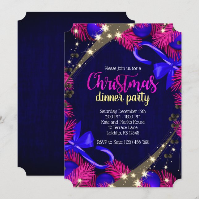 Christmas Purple & Blue Dinner Party Ticket Invite (Front/Back)