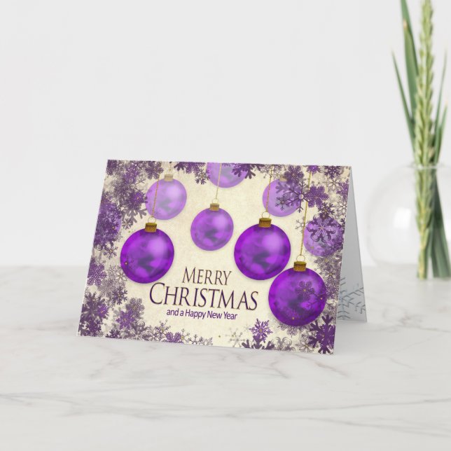Christmas, Purple Hanging Ornaments/Snow Flakes Card (Front)