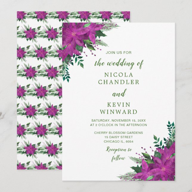 Christmas Purple Poinsettia Flowers Wedding Invitation (Front/Back)
