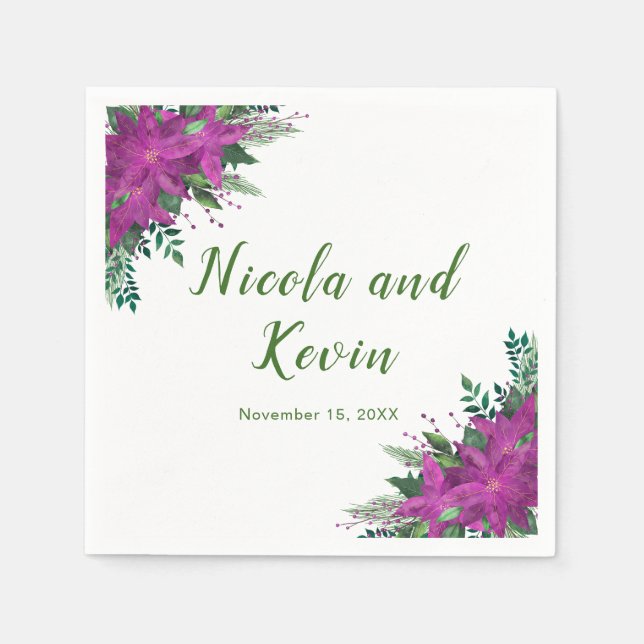 Christmas Purple Poinsettia Flowers Wedding Napkin (Front)