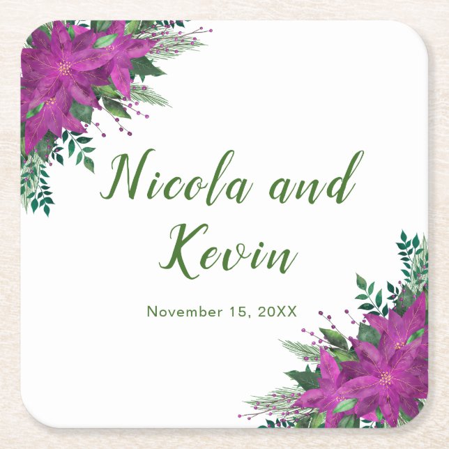 Christmas Purple Poinsettia Flowers Wedding Square Paper Coaster (Front)