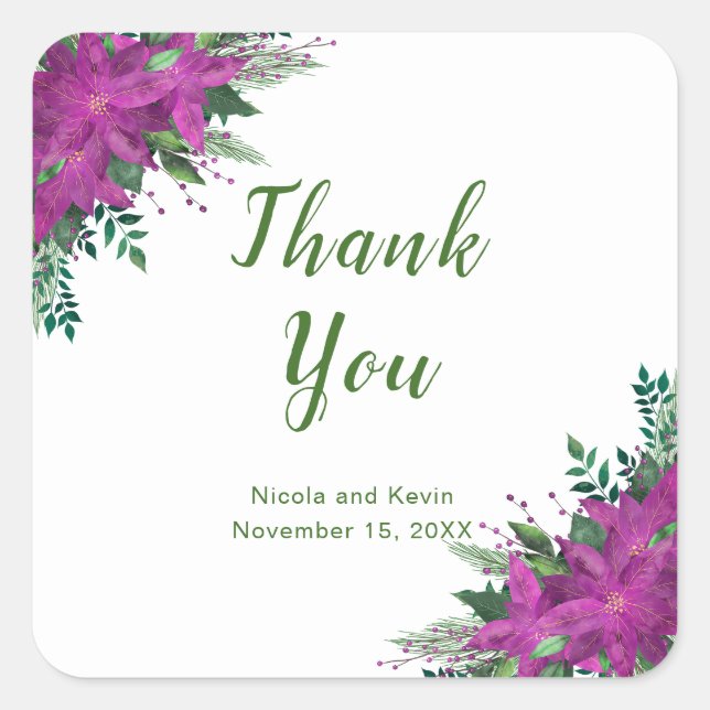 Christmas Purple Poinsettia Flowers Wedding Square Sticker (Front)