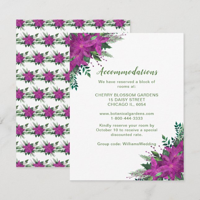 Christmas Purple Poinsettia Wedding Accommodations Enclosure Card (Front/Back)