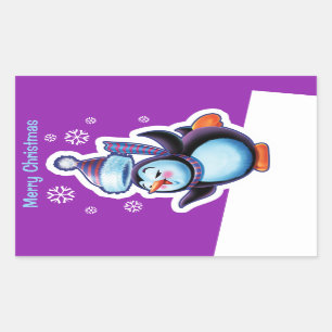 Christmas purple rectangle sticker Penguin skater.