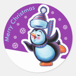 Christmas purple round sticker Penguin skating.