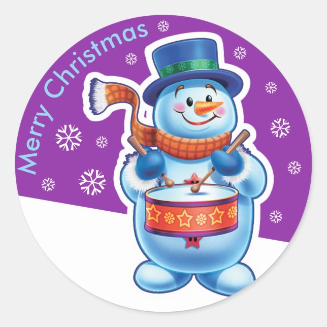 Christmas purple round sticker Snowman drummer. (Front)