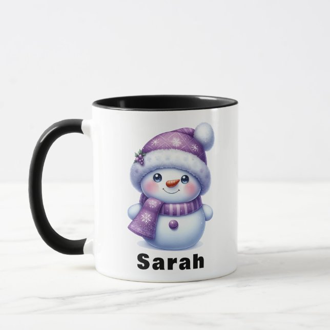 Christmas Purple Snowman Custom Name Mug (Left)