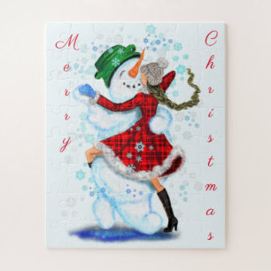 Christmas Puzzle Gift Snowman and Girl Dance