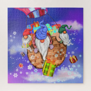 Christmas Puzzle Gnomes with Balloon Gives Gifts