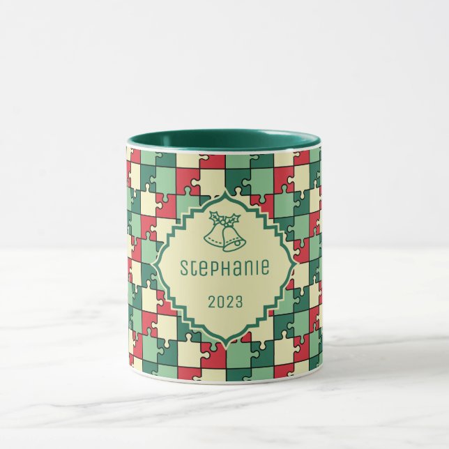 Christmas Puzzle Pieces Geometric Pattern Name Mug (Center)