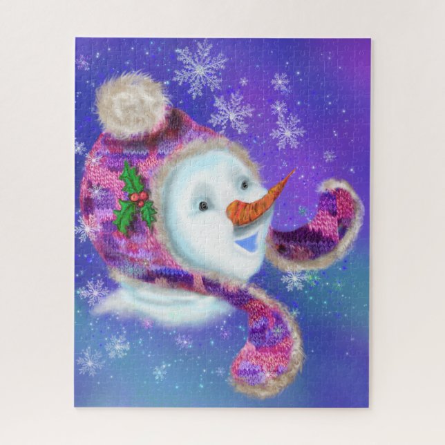 Christmas Puzzle Snowman In Purple Pink Beanie Hat (Vertical)