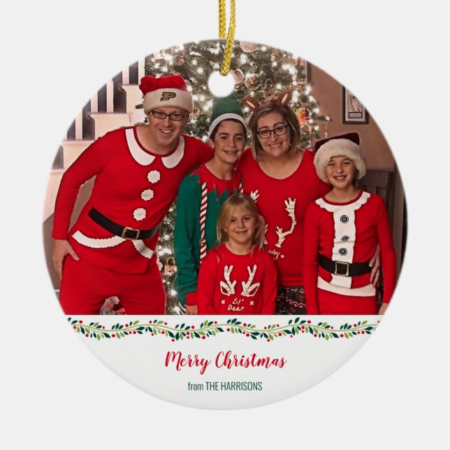 Christmas Pyjamas Challenge Family Photo Ceramic Tree Decoration (Front)