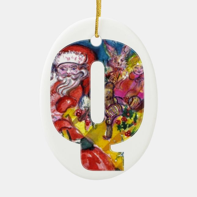 CHRISTMAS Q LETTER  / SANTA  WITH GIFTS MONOGRAM CERAMIC TREE DECORATION (Front)