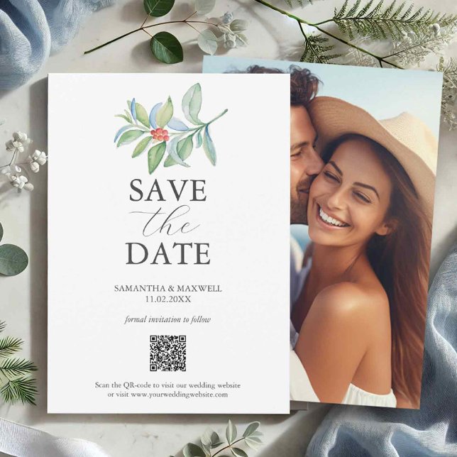Christmas QR Code Save The Dates Save The Date (Christmas wedding save the dates with photo and qr code holiday botanicals)