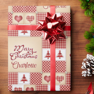 Christmas Quilt Add Recipients Name Classic Red Wrapping Paper