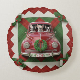 Christmas Quilt Art: Red Vintage Car with French Round Cushion