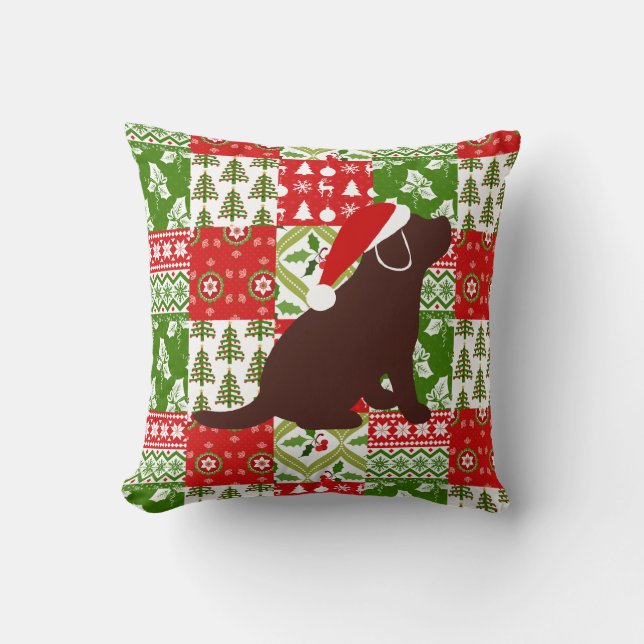 Christmas Quilt Chocolate Labrador Puppy Pillow (Front)