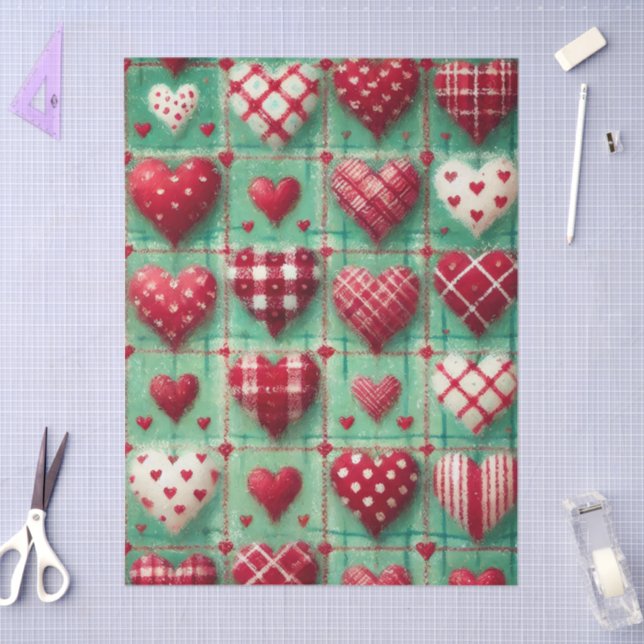 Christmas Quilted Hearts Green Red White Decoupage Tissue Paper (Craft)