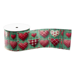 Christmas Quilted Hearts Green Red White  Grosgrain Ribbon