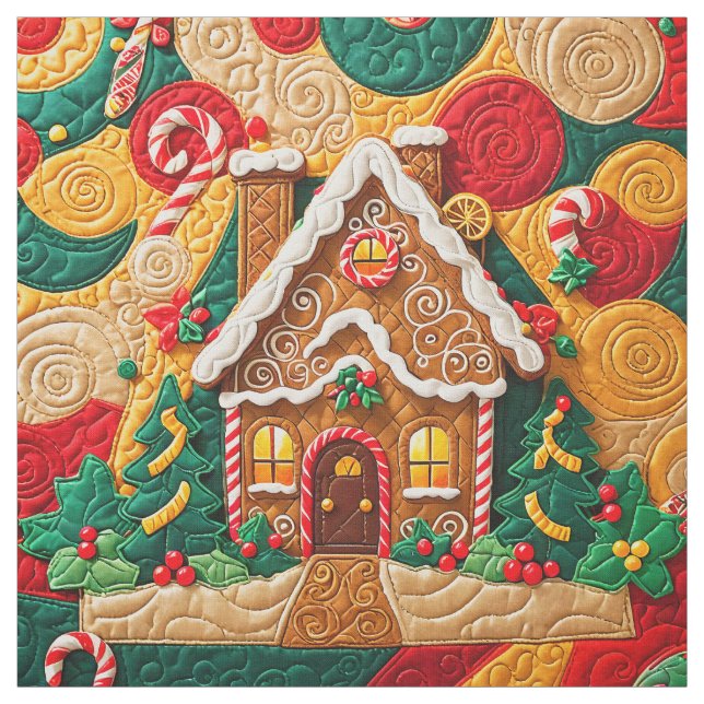Christmas Quilted Look Gingerbread House Fabric (Swatch)