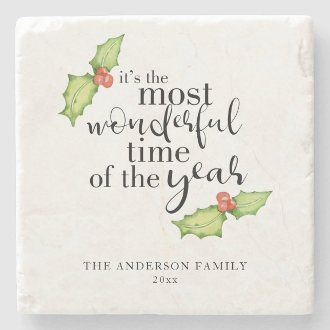 Christmas Quote Most Wonderful Time Hand Lettering Stone Coaster (Front)