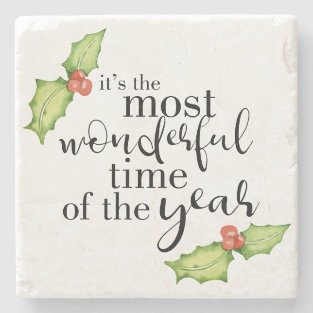 Christmas Quote Most Wonderful Time Hand Lettering Stone Coaster (Front)