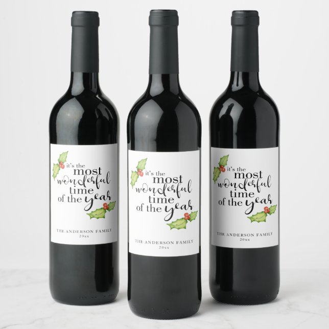 Christmas Quote Most Wonderful Time Hand Lettering Wine Label (Bottles)