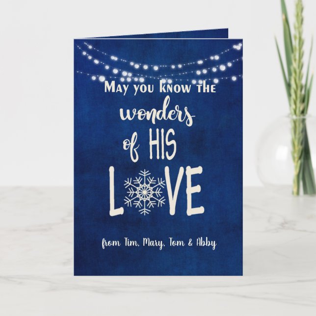 Christmas quote on blue with light string card (Front)