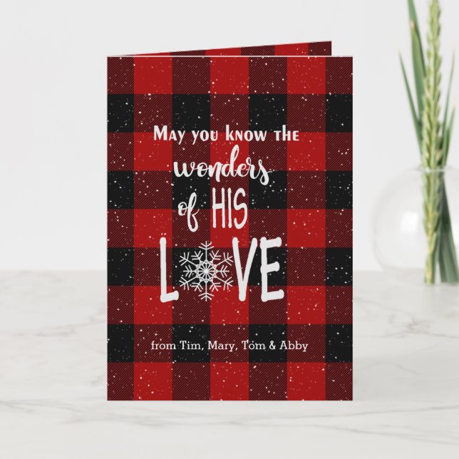 Christmas quote on lumberjack plaid and snowflakes card (Front)