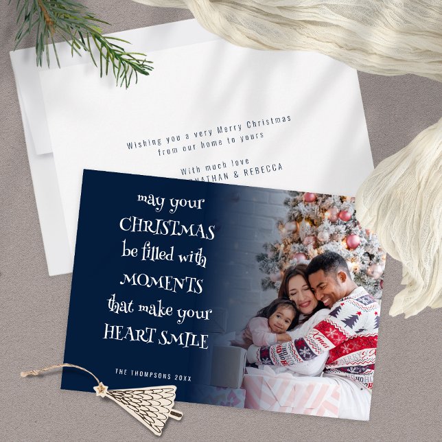 Christmas Quote Photo Overlay Navy Blue Holiday Card (Front and Back View. Available digitally or printed)
