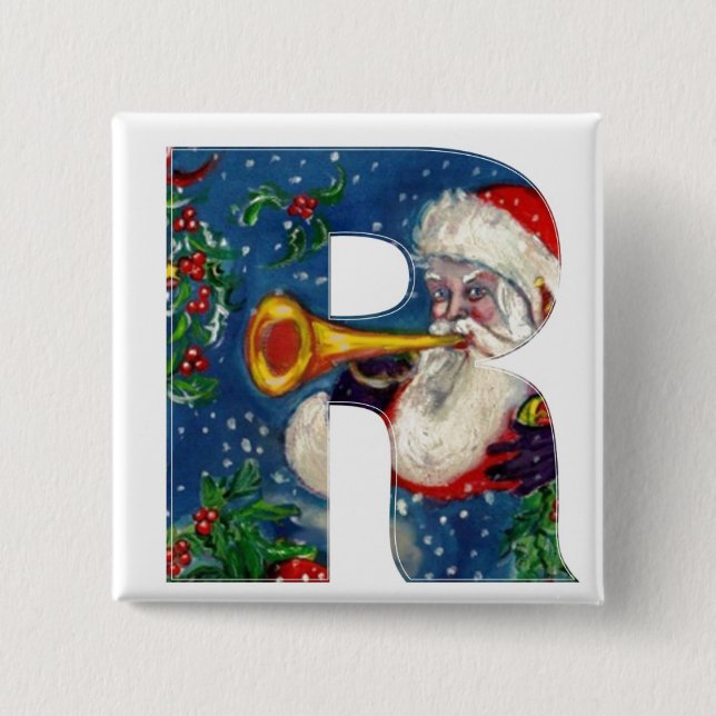 CHRISTMAS R LETTER / SANTA BUGLER MONOGRAM 15 CM SQUARE BADGE (Front)